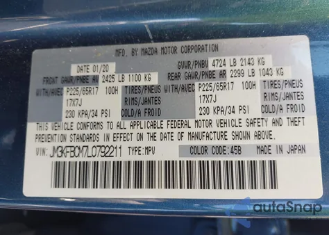 2020 Mazda Cx-5 Touring z USA, uszkodzony, nr VIN JM3KFBCM7L0792211